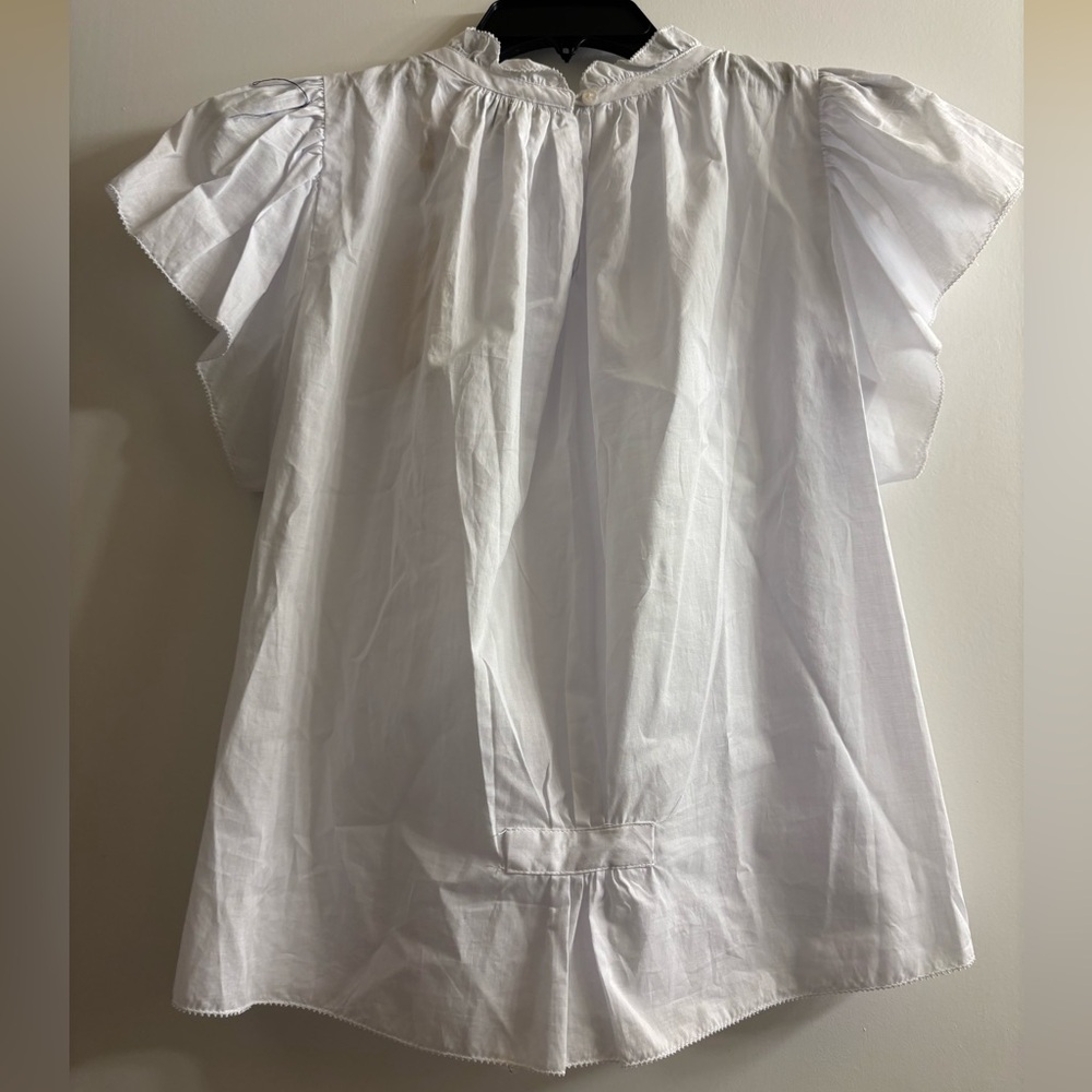 Ellie Tahari White Ruffled Neck and Sleeves Cotton Blouse - Picture 3 of 7